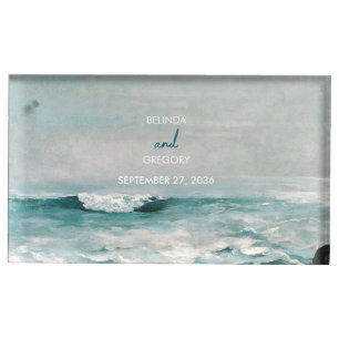 Watercolor Beach Ocean Waves Monogram Wedding  Place Card Holder
