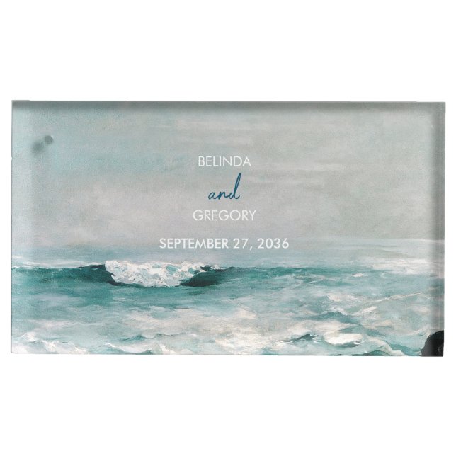 Watercolor Beach Ocean Waves Monogram Wedding  Place Card Holder (Front)
