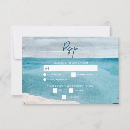 Watercolor Beach Ocean Waves Monogram Wedding  RSVP Card