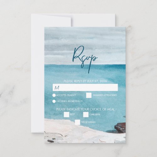 Watercolor Beach Ocean Waves Monogram Wedding  RSVP Card