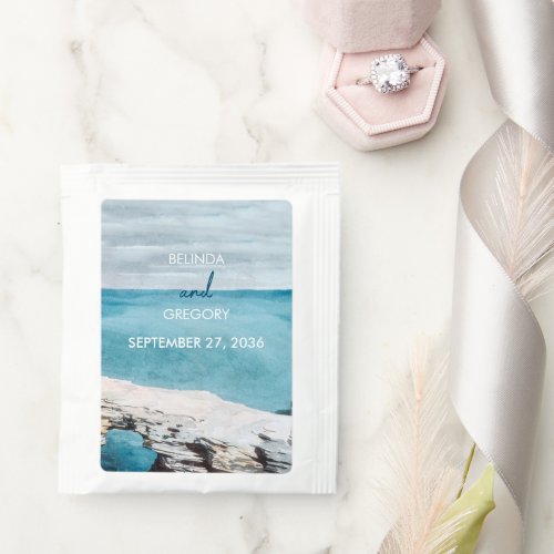 Watercolor Beach Ocean Waves Monogram Wedding  Tea Bag Drink Mix