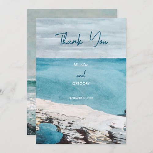 Watercolor Beach Ocean Waves Monogram Wedding   Thank You Card