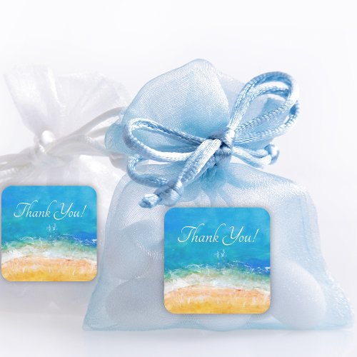 Watercolor Beach Ocean Waves Thank You Square Sticker