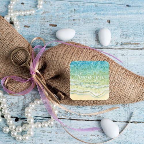Watercolor Beach Ocean Waves Thank You Wedding Square Sticker