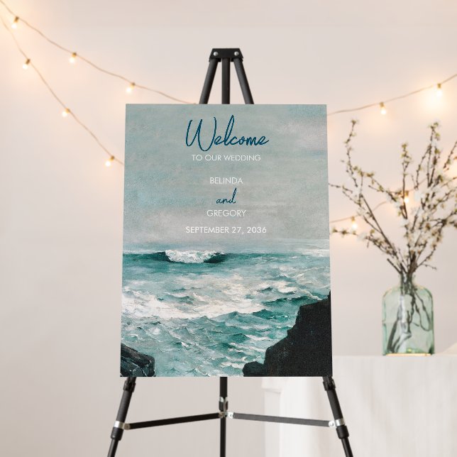 Watercolor Beach Ocean Waves Wedding Welcome Sign (In Situ (Stand))