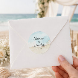 Watercolor Beach On The Beach Summer Wedding Classic Round Sticker
