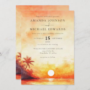 Watercolor Beach Orange Sunset QR Code Wedding Invitation