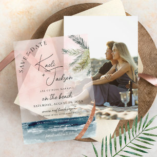 Watercolor Beach Palm Trees Wedding Save the Date Vellum Invitations