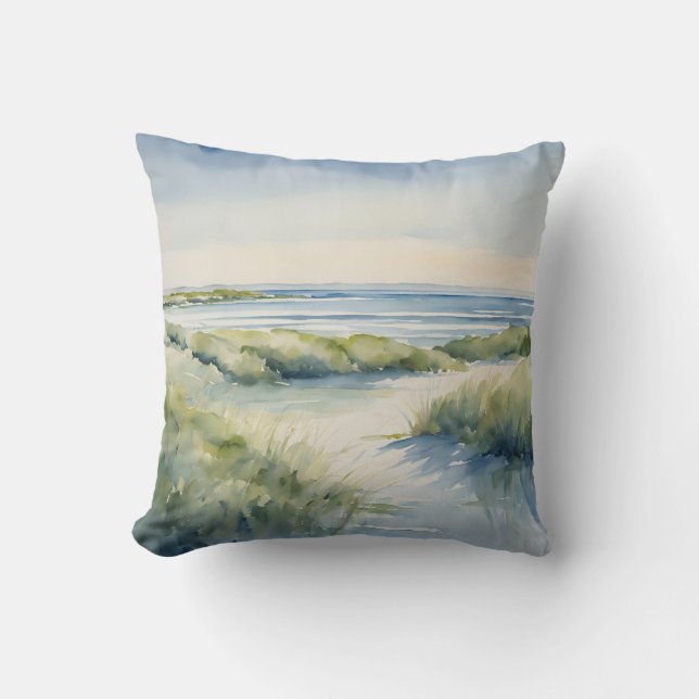 Watercolor Beach Path Seascape Coastal  Throw Pillow (Front)