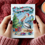 Watercolor Beach Pelican Christmas Card<br><div class="desc">Whimsical watercolor pelican Christmas card. Personalize with your own greeting text.</div>