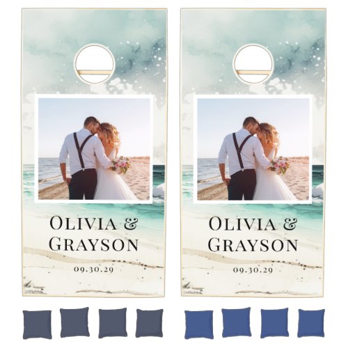 Watercolor Beach Photo Ocean Personalized Wedding  Cornhole Set