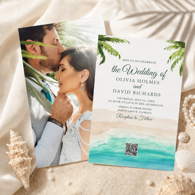 Watercolor Beach Photo & QR Code Wedding Invitation (Watercolor Beach Photo & QR Code Wedding Invitation)