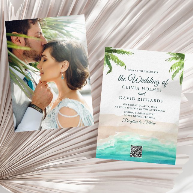 Watercolor Beach Photo & QR Code Wedding Invitation (Watercolor Beach Photo & QR Code Wedding Invitation on a sunny neutral dry palm leaf.)