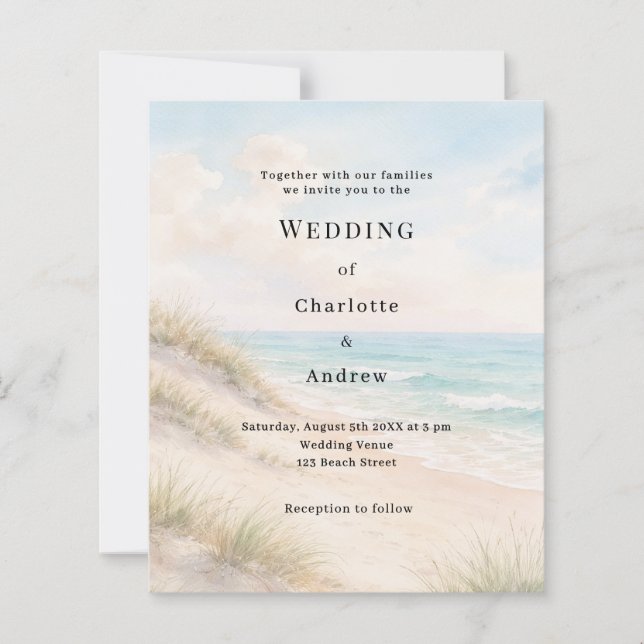 Watercolor beach sand dunes wedding invitation (Front)