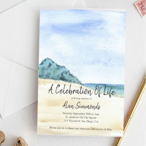 Watercolor Beach Scene Celebration Of Life Invitation