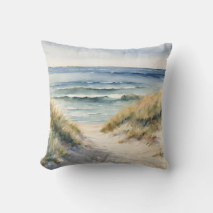 Watercolor Beach Scene Ocean Waterscape Throw Pillow
