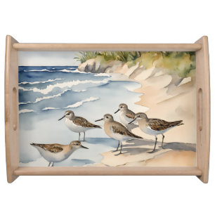 Watercolor Beach Scene Sandpipers Sea Birds Serving Tray