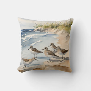 Watercolor Beach Scene Sandpipers Sea Birds Throw Pillow