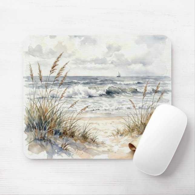 Watercolor Beach Scene with Curled Page Mouse Pad (With Mouse)