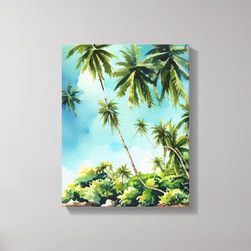 Watercolor Beach Scene with Palm Trees Canvas Print