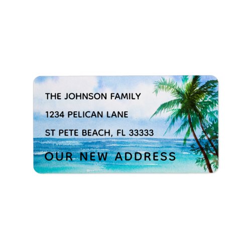 Watercolor Beach Scene with Palm Trees New Address Label