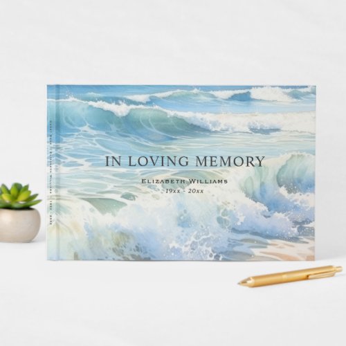 Watercolor Beach Sea Ocean Rolling Waves Funeral Guest Book