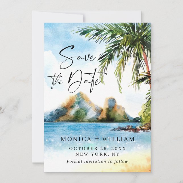 Watercolor Beach Sea Palm Tree  Save The Date (Front)