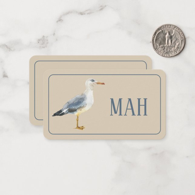 Watercolor Beach Seagull Monogram Note Card (Front/Back In Situ)