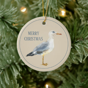 Watercolor Beach Seagull Personalized Ceramic Ornament
