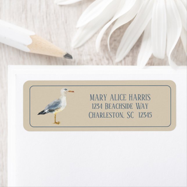 Watercolor Beach Seagull Personalized Label (Insitu)