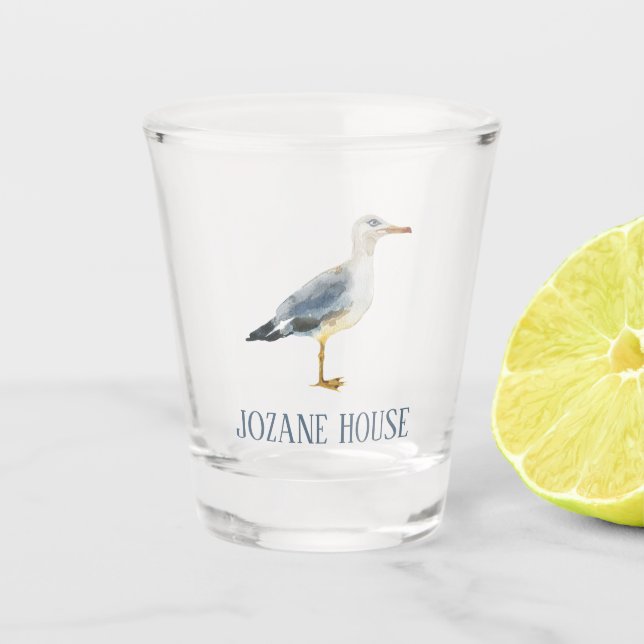 Watercolor Beach Seagull Personalized Shot Glass (Front)