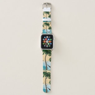 Watercolor beach seamless texture. Palms, seagull, Apple Watch Band