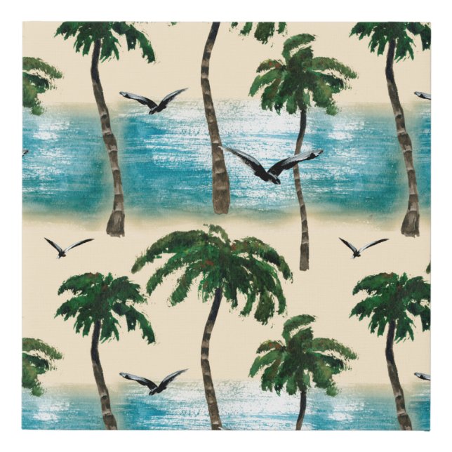 Watercolor beach seamless texture. Palms, seagull, Faux Canvas Print (Front)