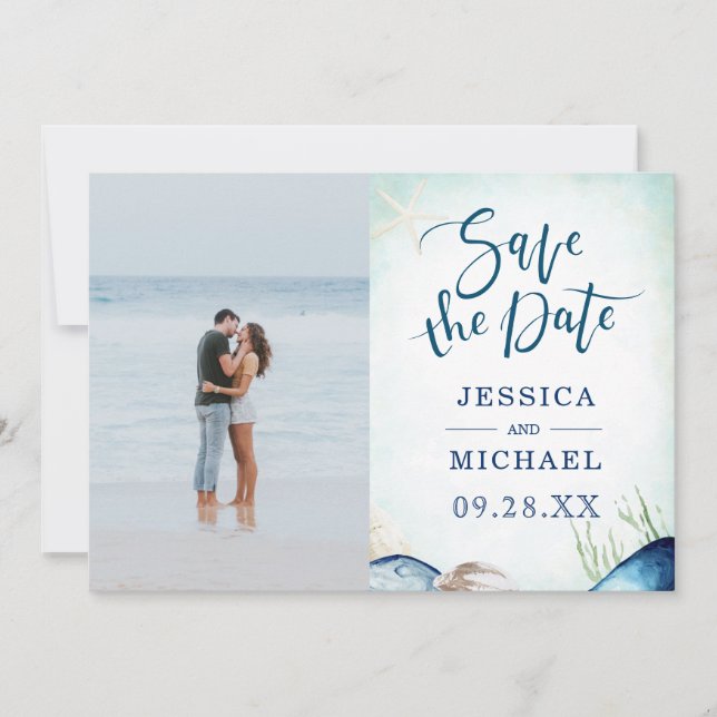 Watercolor Beach Seashell Calligraphy Photo Save The Date (Front)