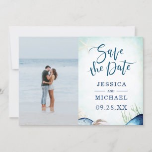 Watercolor Beach Seashell Calligraphy Photo Save The Date
