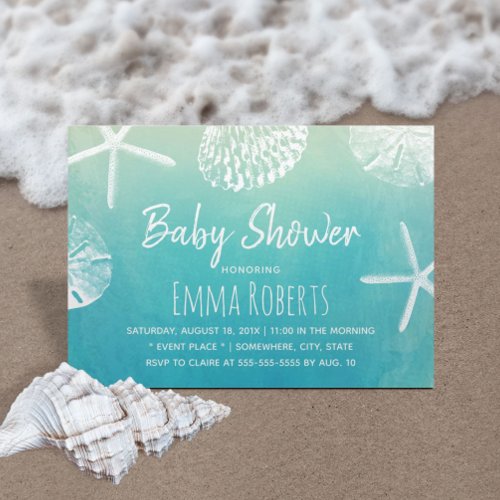 Watercolor Beach Seashells Baby Shower Invitation