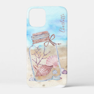 Watercolor Beach Seashells Personalized Name iPhone 12 Mini Case
