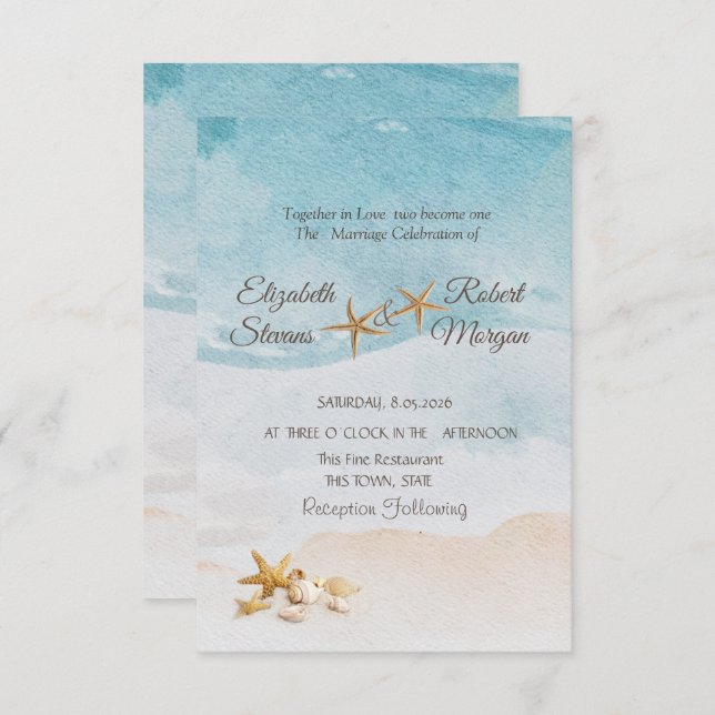 Watercolor Beach Seashells Sand Wedding  Invitation (Front/Back)