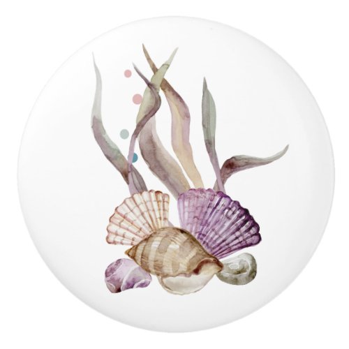 WATERCOLOR BEACH SHELLS CORAL  COASTAL CERAMIC KNOB