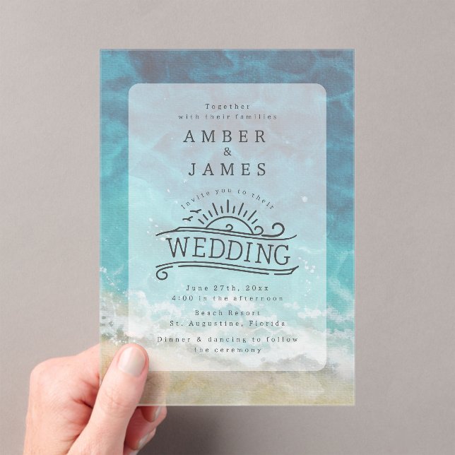 Watercolor Beach Shore Line Art Wedding Acrylic Invitations (Insitu (Handheld))