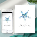 Watercolor Beach Starfish Custom Christmas Card<br><div class="desc">This beach theme Christmas card features my original hand painted watercolor starfish in shades of blue on a crisp white background. The words Seas & Greetings are set in a modern brush script typography. The inside features a solid light blue color with your custom greeting in white. Customize the words...</div>