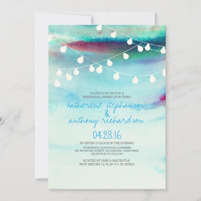 watercolor beach string lights rehearsal dinner invitation (Front)