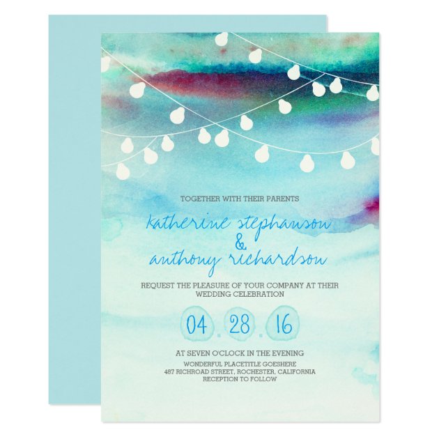 Watercolor Beach String Lights Wedding Invitation