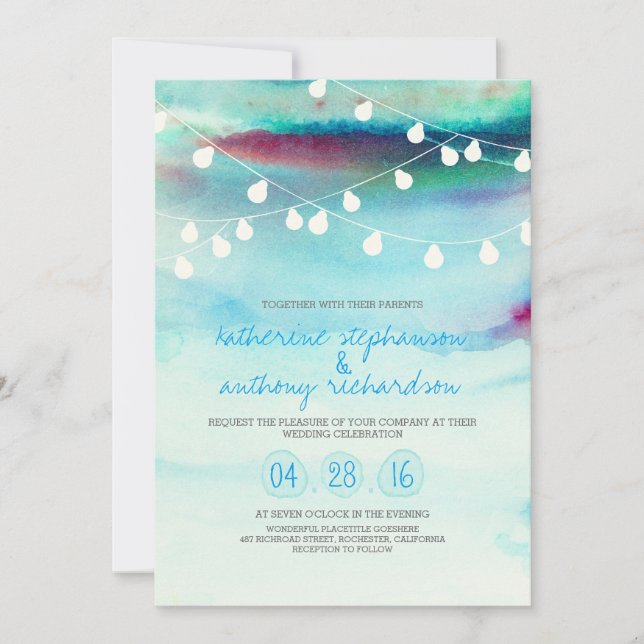 watercolor beach string lights wedding invitation (Front)
