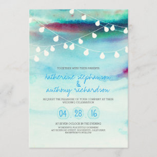 watercolor beach string lights wedding invitation