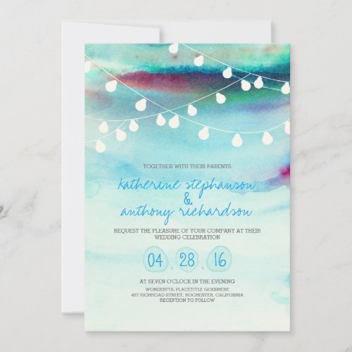 watercolor beach string lights wedding invitation