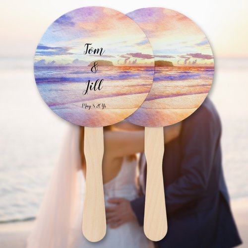 Watercolor Beach Sunrise Wedding Hand Fan