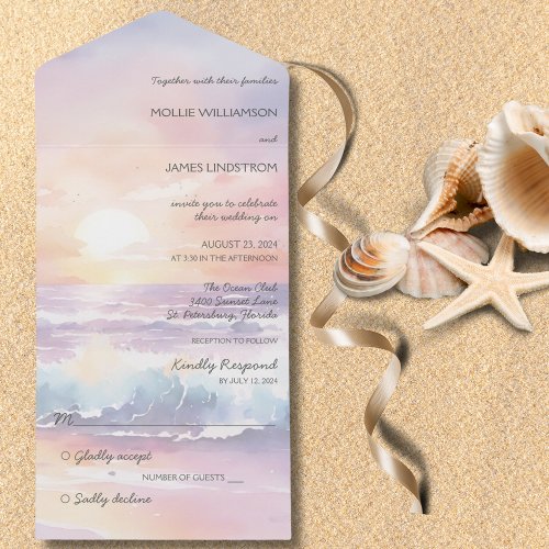 Watercolor Beach Sunset All in One Wedding Invite