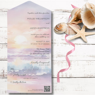 Watercolor Beach Sunset All in One Wedding Invite