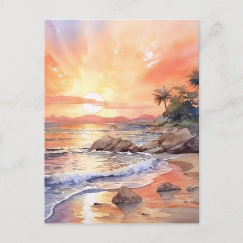 Watercolor Beach Sunset Background Postcard